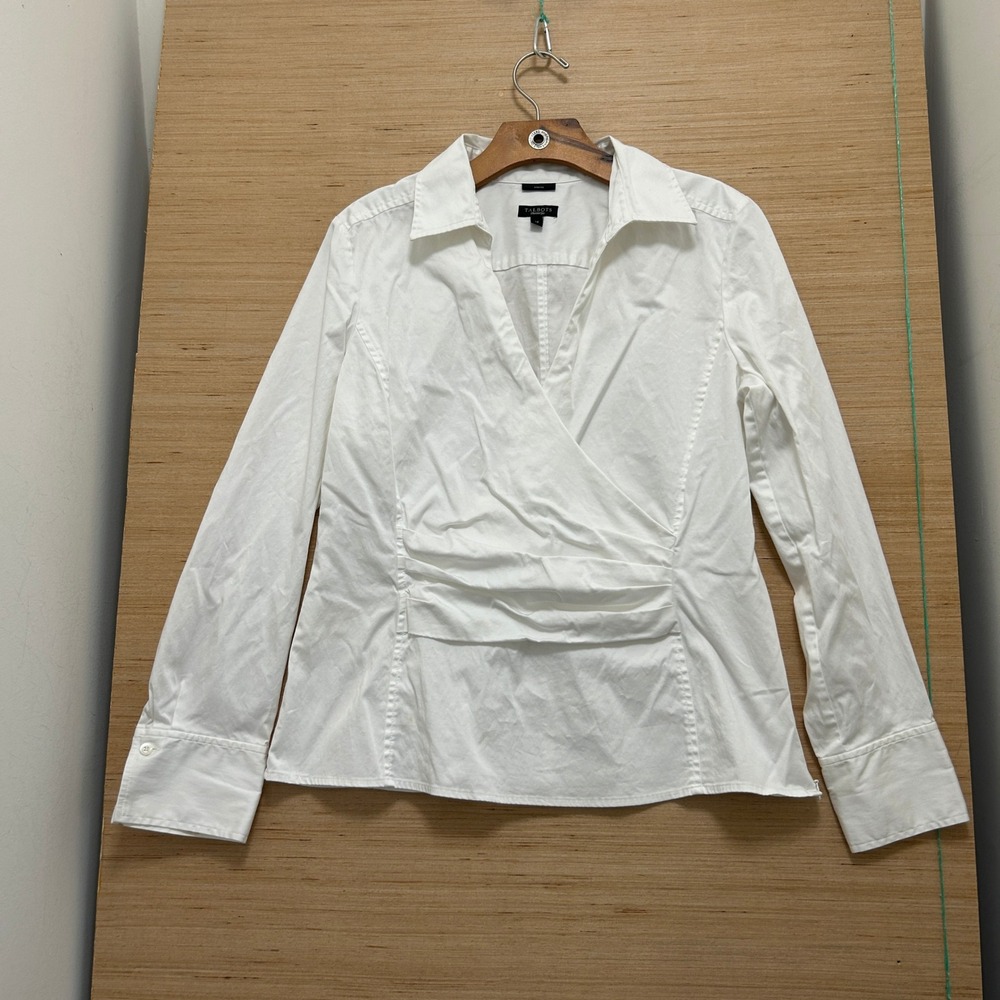 Talbots White Faux Wrap Ruched Stretch Blouse Size 14 Long Sleeve V-Neck